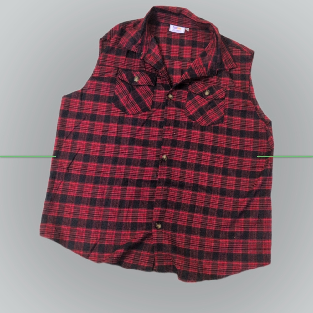 Men's Sleeveless Plaid Flannel Cotton Plaid Vest Button Down Shirt XXL